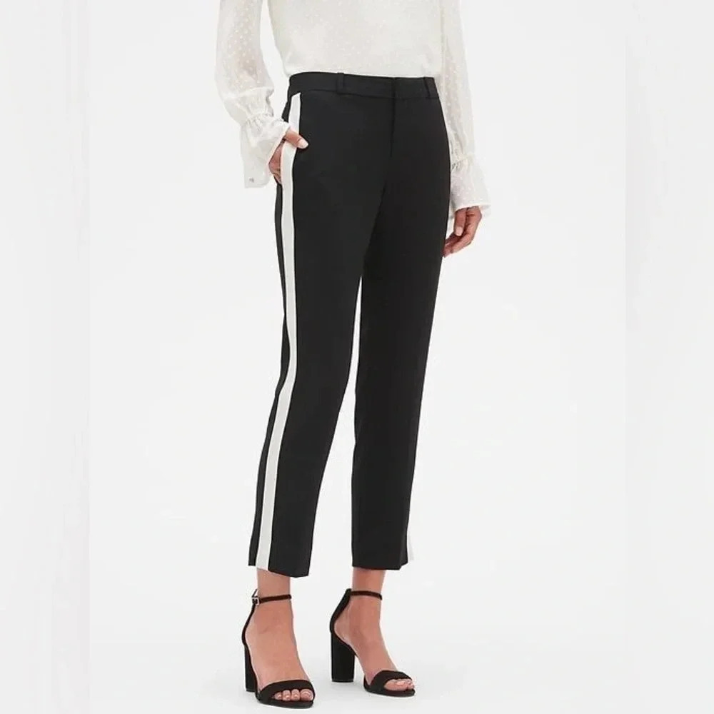 Banana Republic Avery Straight Fit Ankle  Pants Tailored Cropped Black White 0